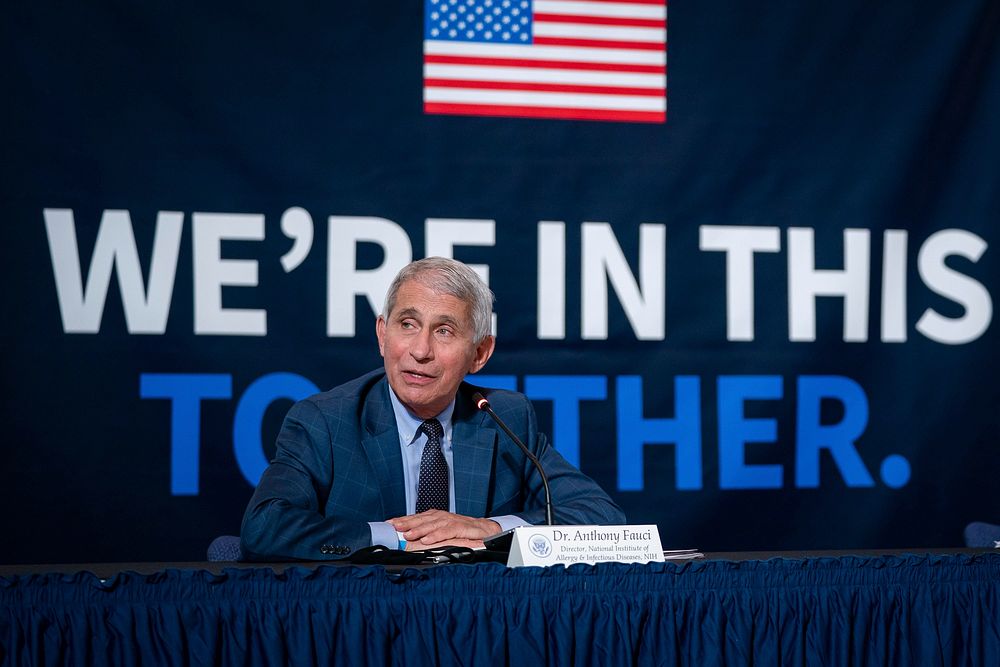 Dr. Anthony Fauci, Director of National Institute of Allergy and Infectious Diseases, addresses his remarks at a roundtable…