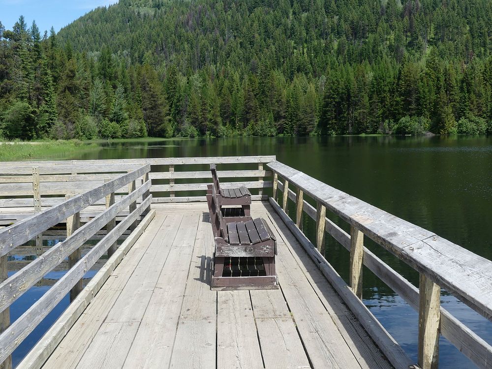 Big Meadow Lake Campground dock bench June 2020 by Sharleen Puckett