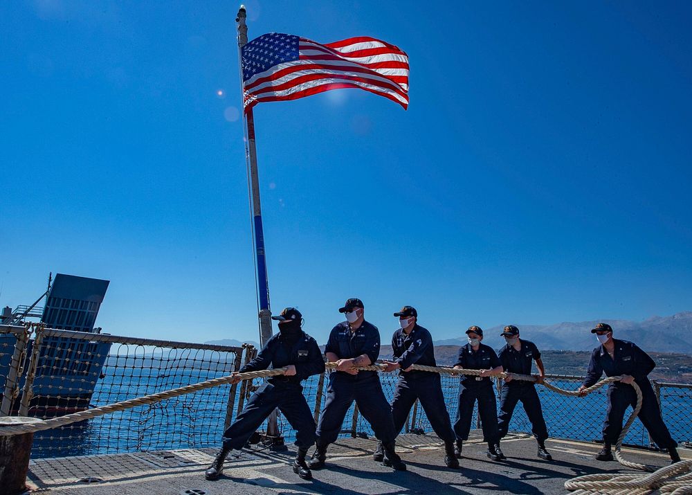 SOUDA BAY, Greece (Aug. 29, 2020) Sailors aboard the Arleigh Burke-class guided-missile destroyer USS Winston S. Churchill…