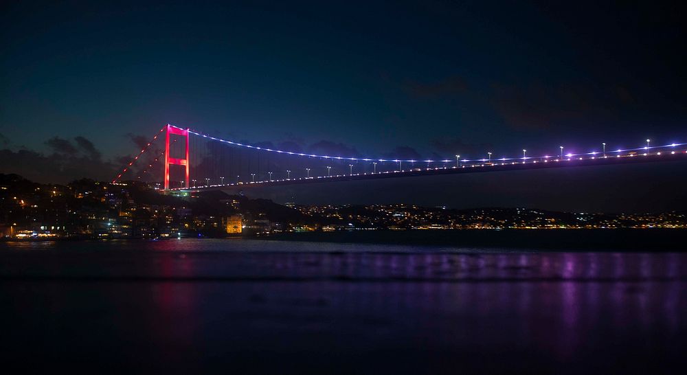 MEDITERRANEAN SEA. Fatih Sultan Mehmet Bridge as seen from the Arleigh Burke-class guided-missile destroyer USS Roosevelt…