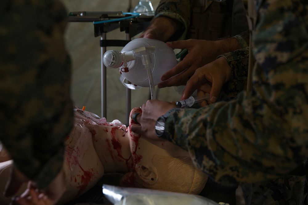 U.S. Navy Sailors with 3rd Medical Battalion (Med. Bn.), 3rd Marine Logistics Group (MLG), use a bag valve mask to assist a…