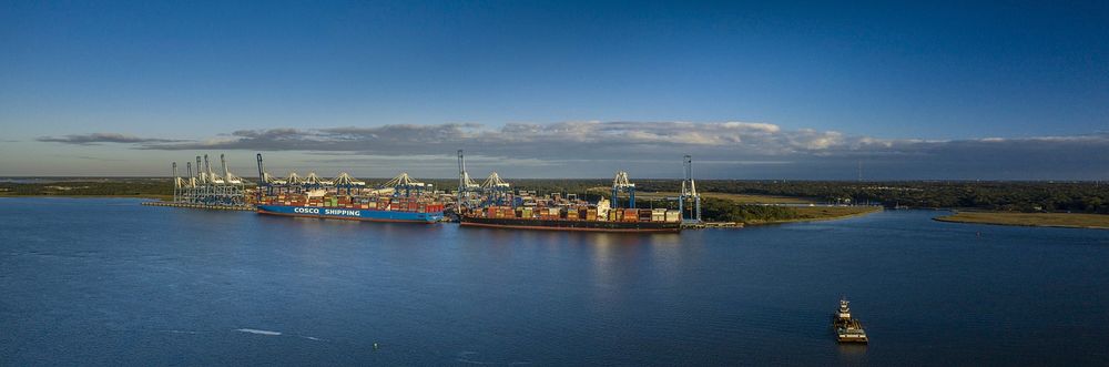 (Panorama made from multiple photographs shot in sequence) Two container ships docked at the Wando Welch Terminal (WWT) in…