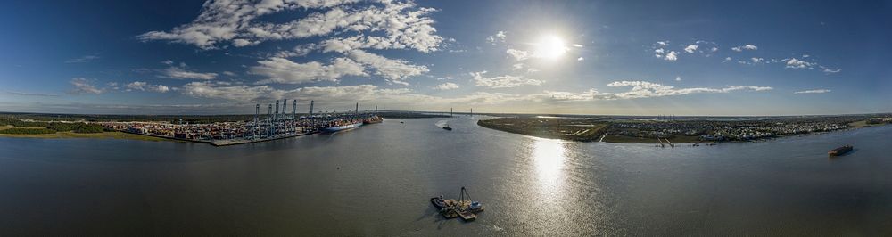 (Panorama made from multiple photographs shot in sequence) Two container ships docked at the Wando Welch Terminal (WWT) in…