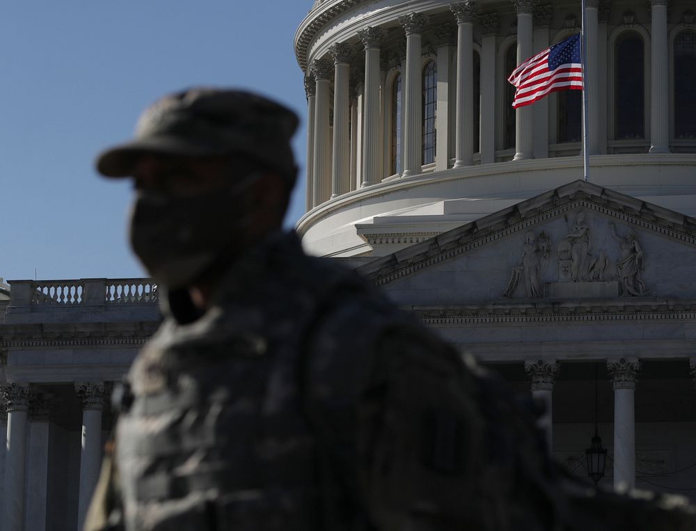 A U.S. Soldier with the New York National Guard arrives near the Capitol in Washington, D.C., Jan. 14, 2021.