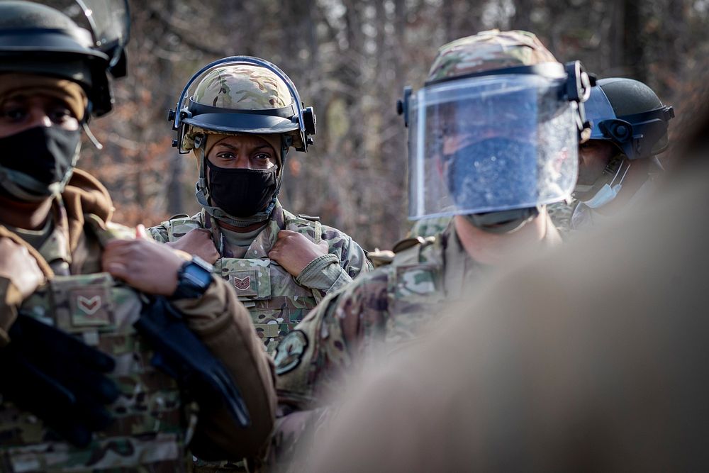 U.S. Airmen with the 177th Fighter Wing and 108th Wing, New Jersey National Guard, conduct civil disturbance training in…