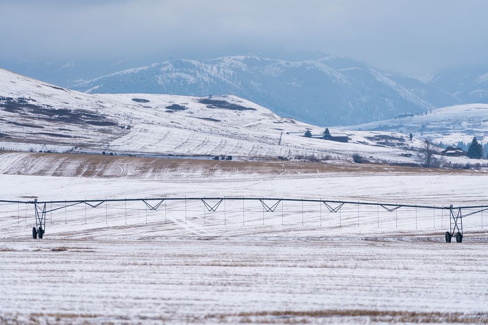 A field irrigated with water from the Gallatin River watershed. Bozeman, MT. March, 2020. Bozeman, Gallatin County, Montana.…