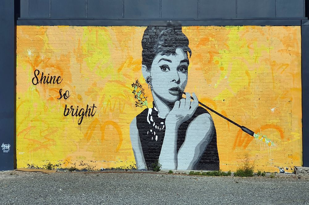 Jacob Root aka Distranged DesignOn the side of the Lemon Tree Cafe, an iconic image of Audrey Hepburn, painted in a grey…
