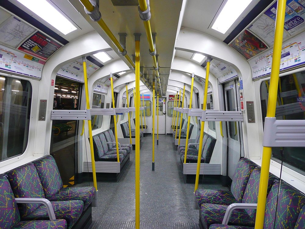 Inside a refurbished London Underground C stock train showing the fully longitudinal style of seating - which was achieved…