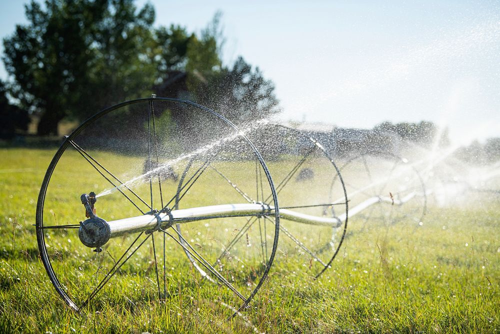 A wheel line irrigation system waters a pasture at the home of Stacey Carlson, a Reclamation employee, in Kuna, Idaho.…