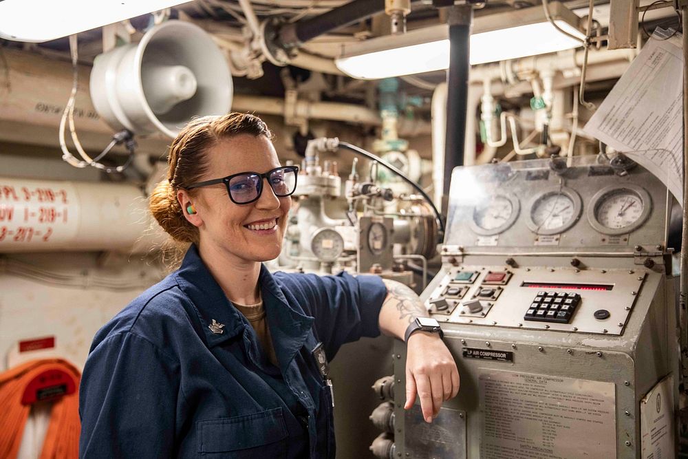 ROTA, Spain (March 14, 2021) Electrician&rsquo;s Mate 1st Class Racquel Gunnel poses for a photo in the main engineering…