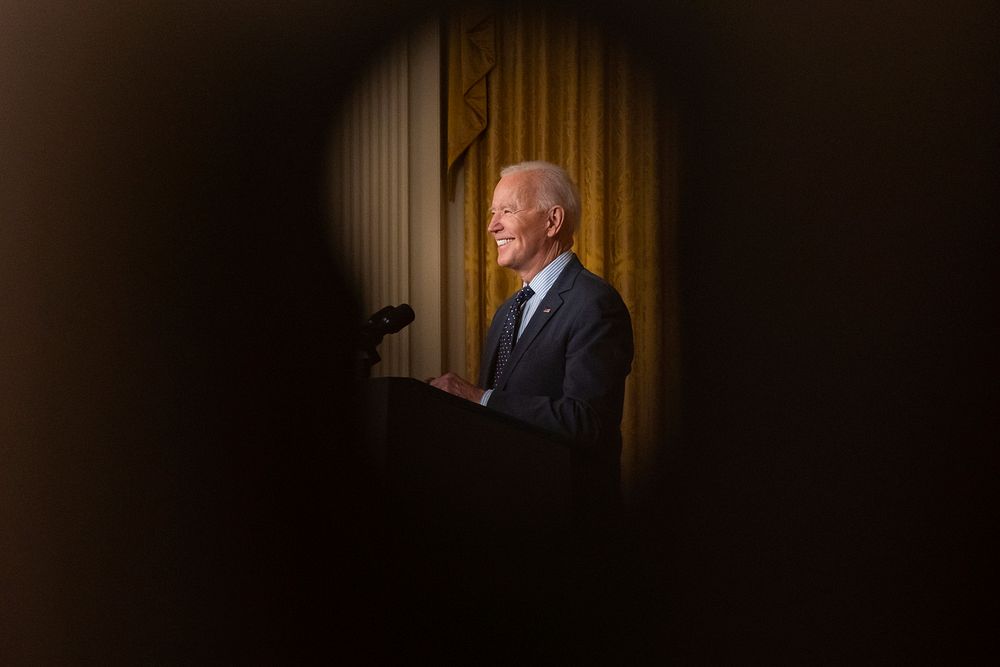 President Joe Biden tapes video addresses on Wednesday, June 2, 2021, in the East Room of the White House. (Official White…