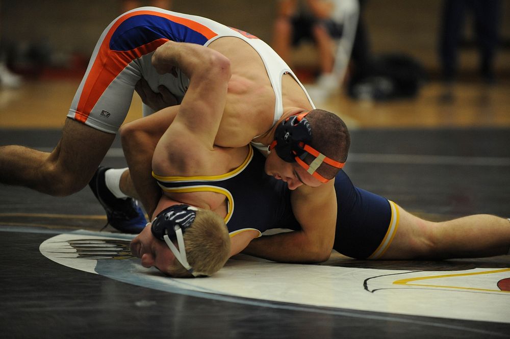 U.S. Coast Guard Academy First Class Cadet Andrew Snyder wrestles during a match at the U.S. Coast Guard Academy Jan. 19…