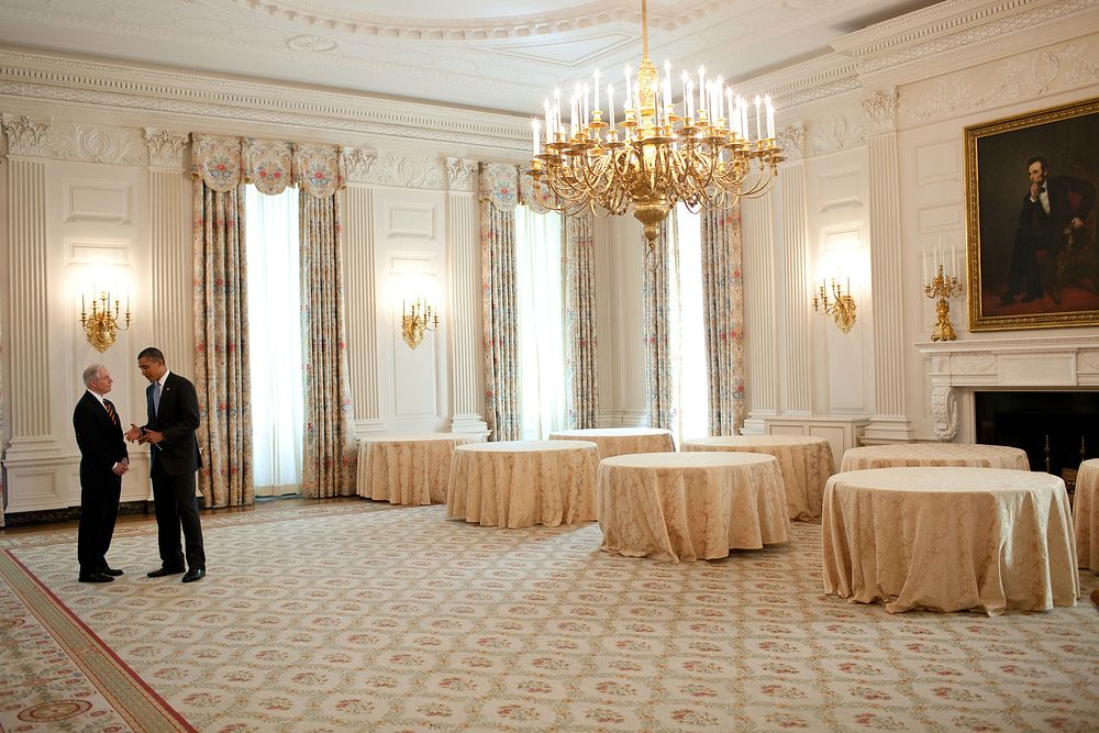 President Barack Obama talks with Sen. Jeff Sessions, R-Ala., in the State Dining Room of the White House following a…