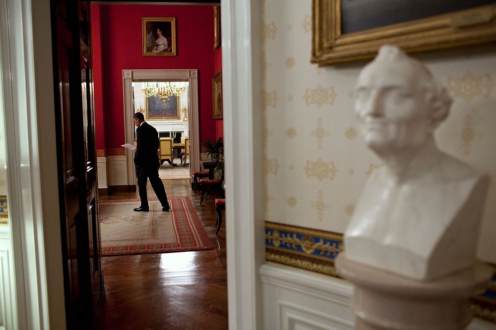 President Barack Obama reads through his statement in the Red Room of the White House before addressing the Nation on the…