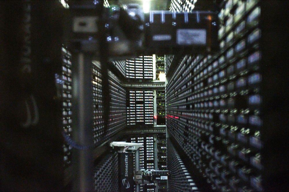 Interior of StorageTek tape library at NERSC. Free public domain CC0 photo. 