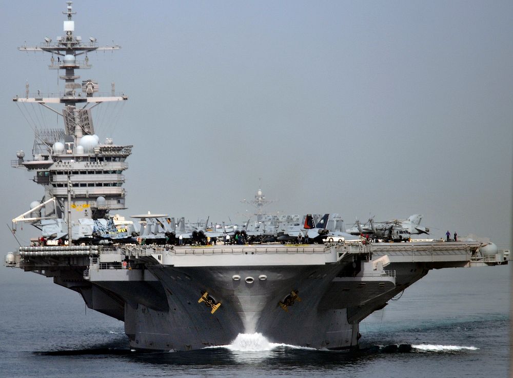 The aircraft carrier USS Carl Vinson (CVN 70) transits the Strait of Hormuz Feb. 16, 2012.