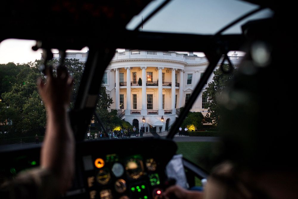 The South Portico of the White House is seen from aboard Marine One as it approaches the South Lawn for a landing, May 11…