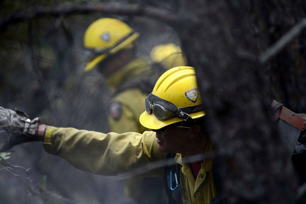 Marissa Halbeisen, foreground, part of the Hot Shot firefighter crew from Vandenberg Air Force Base, Calif., helps cut and…