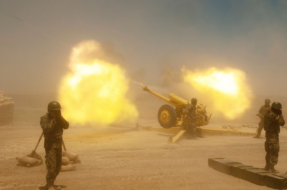 Afghan National Army soldiers with the D-30 Artillery Battery, 4th Kandak fire high-explosive rounds during the culminating…