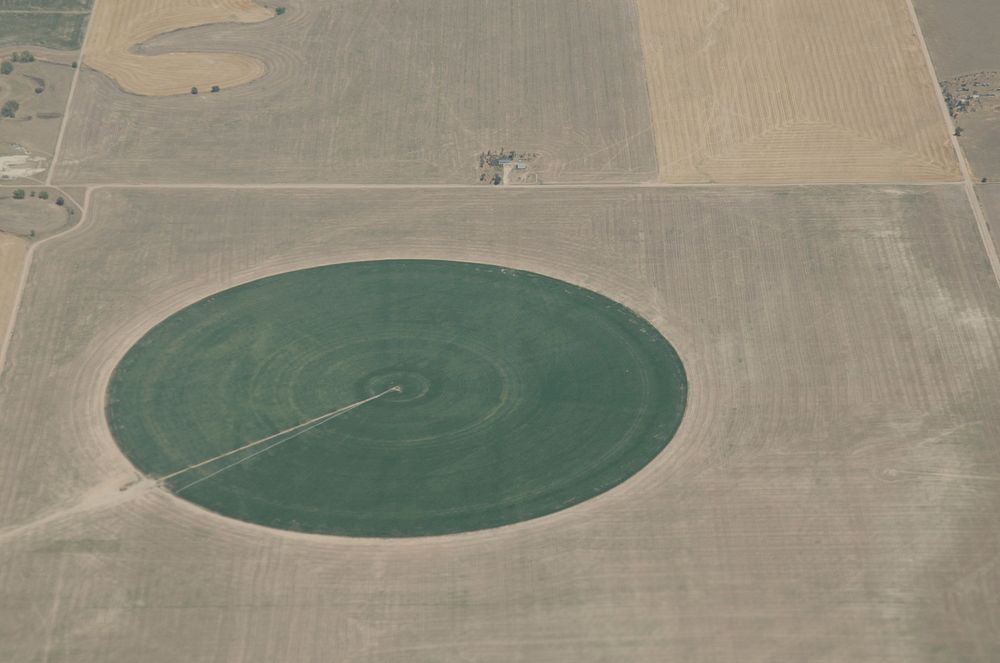 Aerial views of drought affected Colorado dryland crops near Byers, Colorado, on Saturday, July 21, 2012. Green areas are…