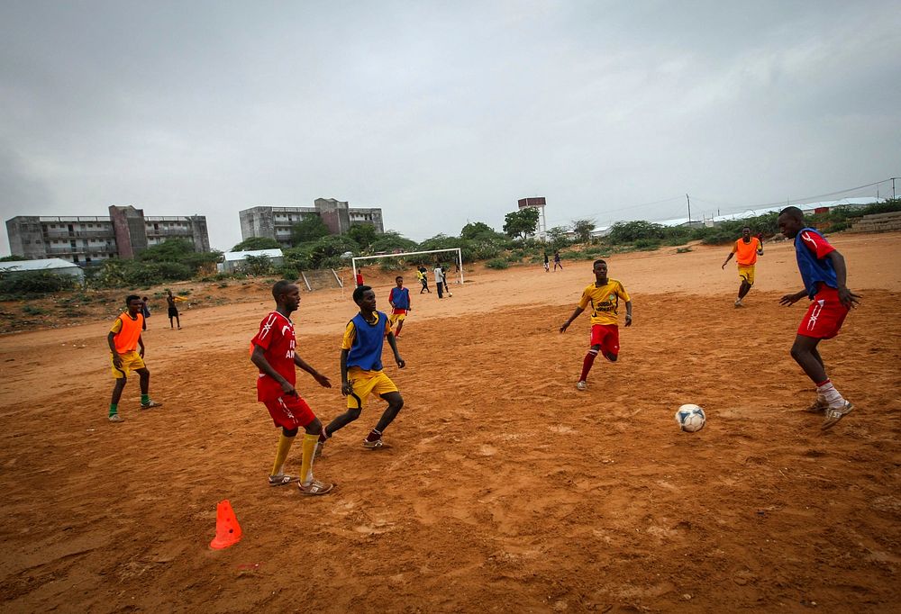 Players of Elman FC train at their ground in the Hodan District of the Somali capital Mogadishu, ahead of their championship…