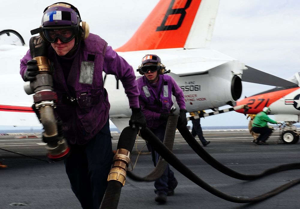 130201-N-XE109-003 ATLANTIC OCEAN (Feb. 01, 2013) Aviation Boatswain's Mate (Fuels) Airman Gavin Snyder, left, and Aviation…