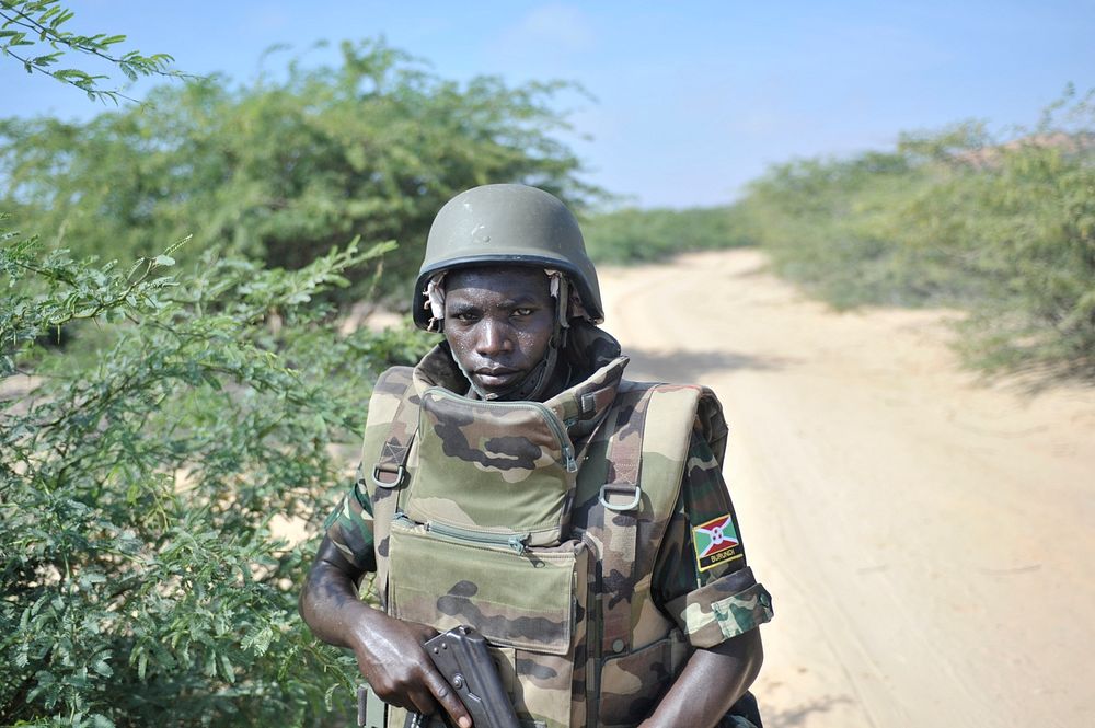 A Burundian soldier, as part of the African Union Mission in Somalia, on patrol near the city of Merca on 2 February.