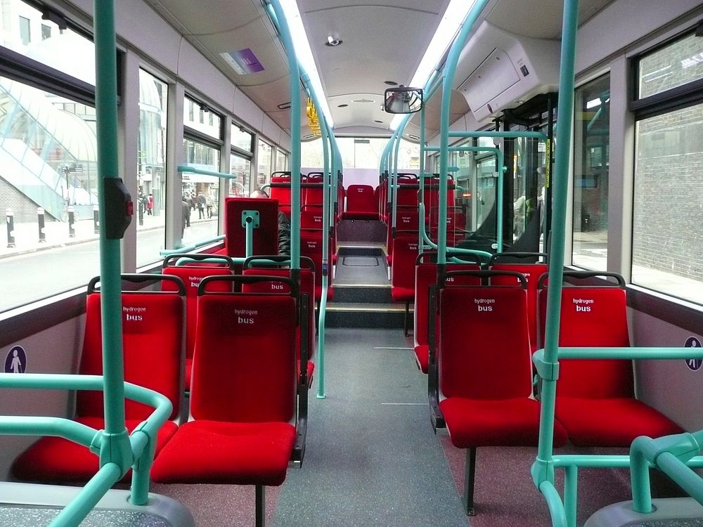 Inside the first of London's second batch of fuel cell buses at Tower Gateway.