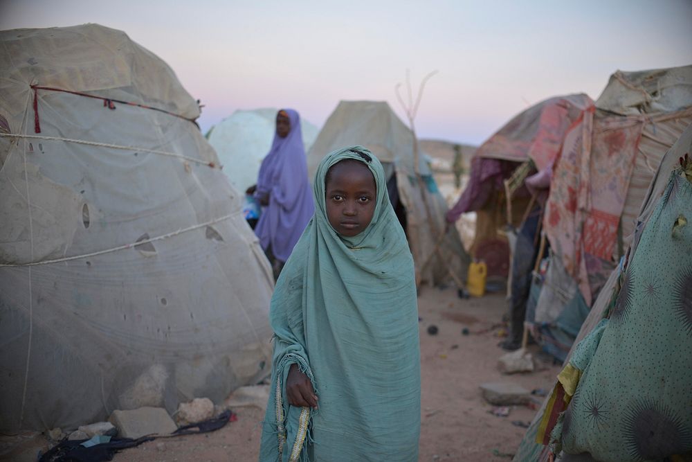 A girl stands in an IDP camp on the outskirts of Belet Weyne on February 20. Original public domain image from Flickr