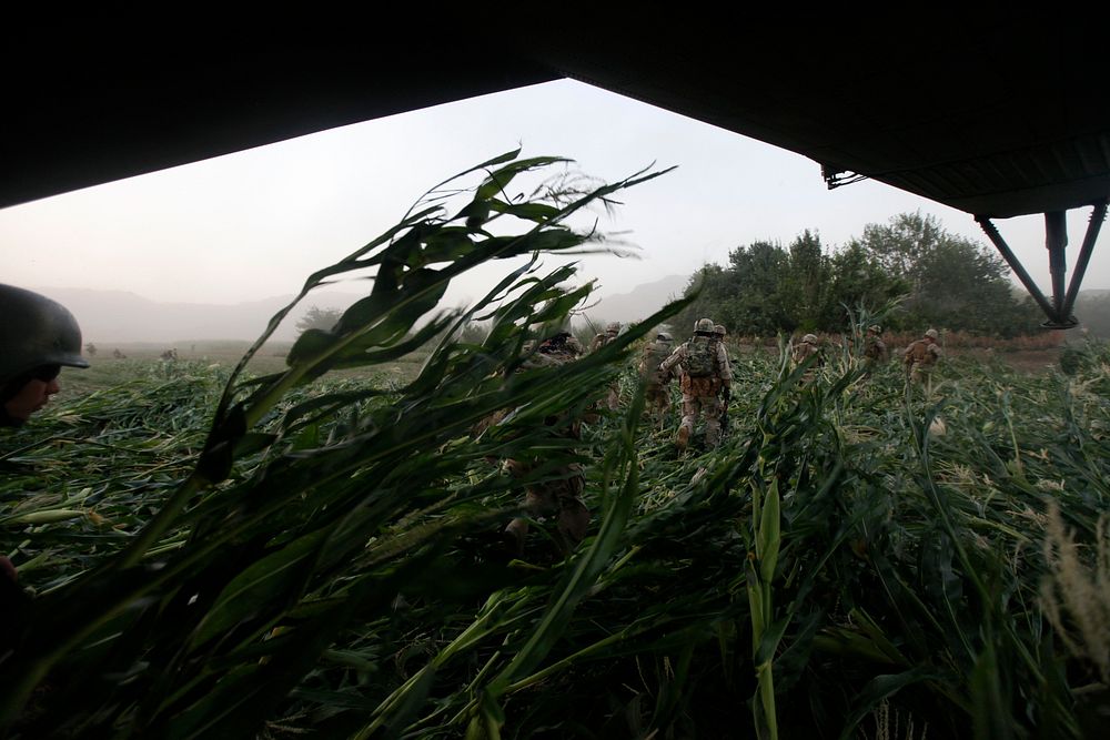 U.S. Marines with Golf Company, 2nd Battalion, 8th Marine Regiment and Afghan National Security Forces get out of a CH-53E…