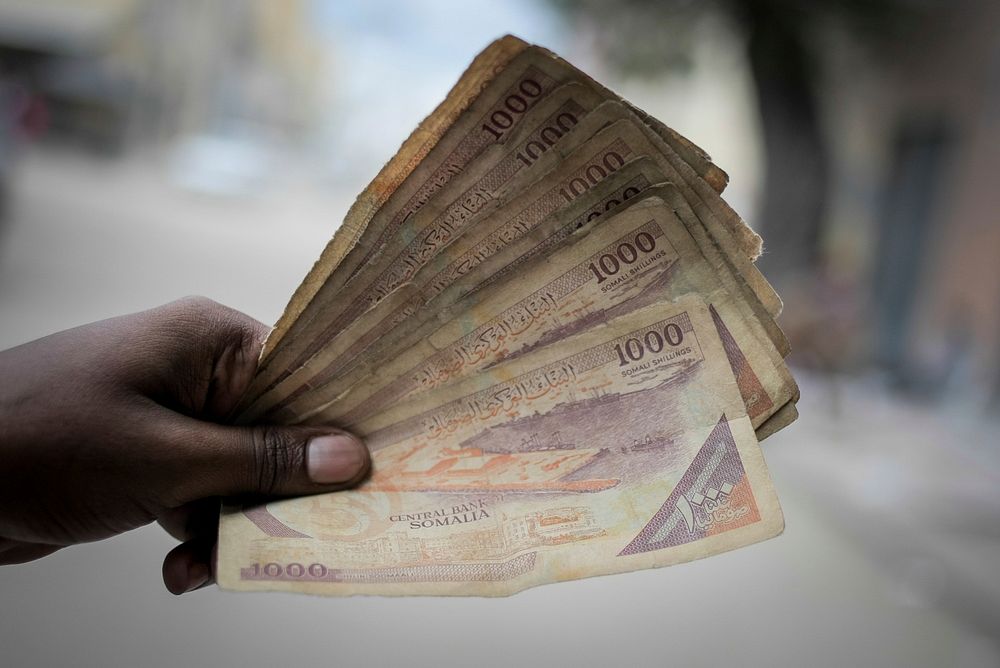 A man holds up Somali shilling notes having just exchanged US Dollars with a money changer on the streets of the Somali…