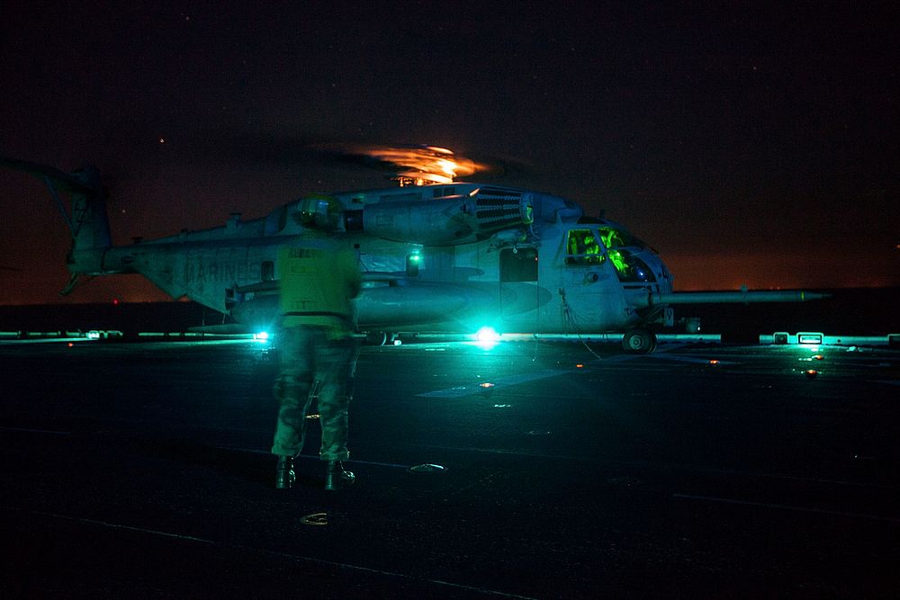 A U.S. Marine Corps CH-53E Super Stallion helicopter with the 22nd Marine Expeditionary Unit (MEU) prepares for takeoff…
