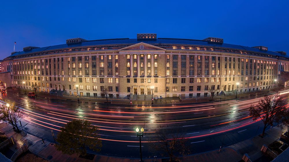 Semi-fisheye view of the U.S. Department of Agriculture (USDA), South Building at 1400 Independence Ave. in Washington, D.C.…