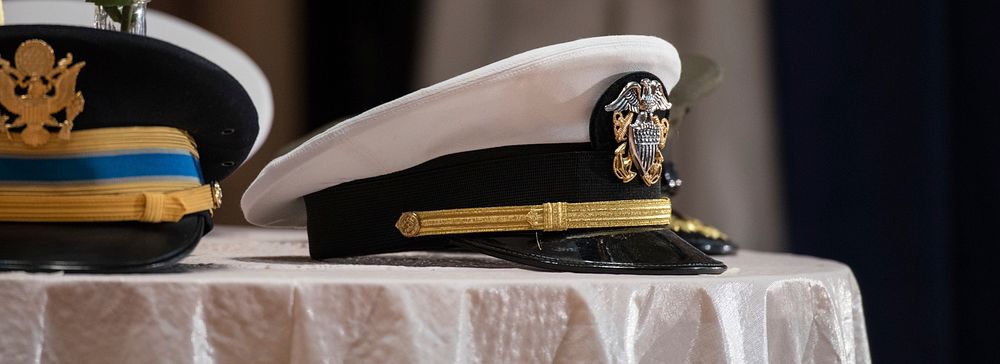 A service hat representing the U.S. Navy (USN) by Captain (retired) U.S. Army and Vietnam veteran Andrew Malloy at the…