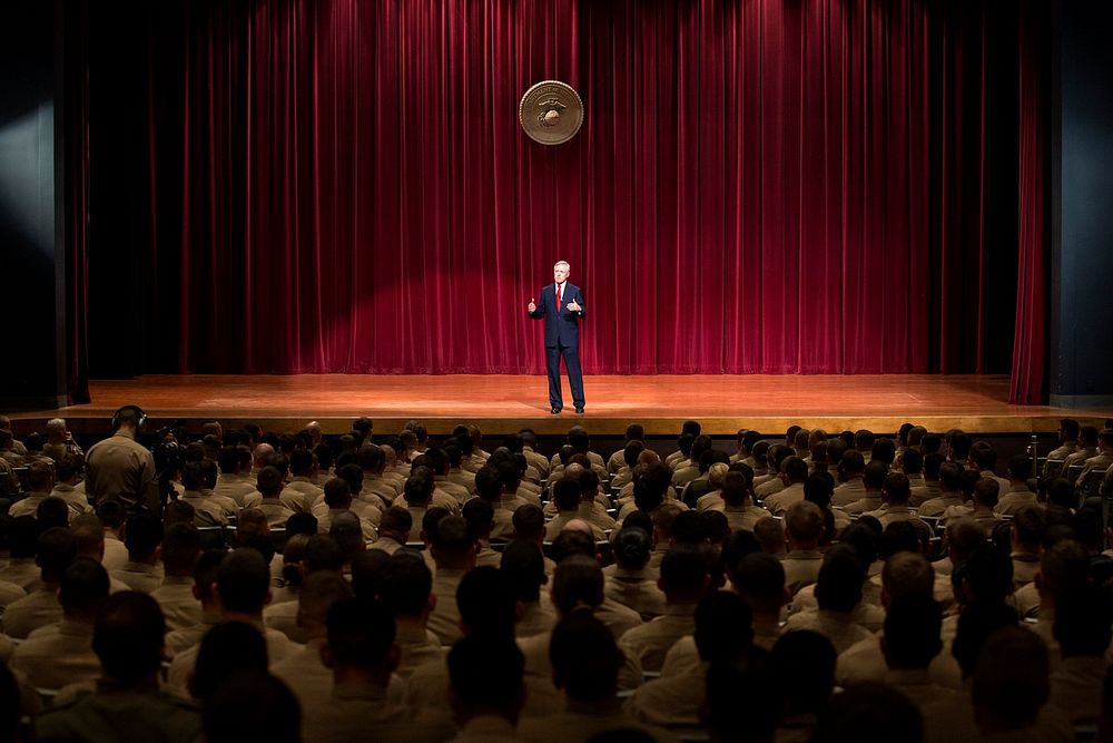 Secretary of the U.S. Navy Ray Mabus addresses Marines and Sailors attached to the 1st Marine Expeditionary Force while…