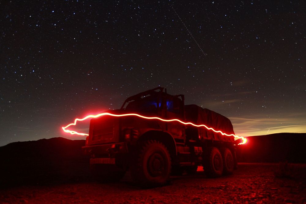 A U.S. Marine Corps sentry circles a truck Jan. 28, 2014, during Iron Fist 2014 in Twentynine Palms, Calif.