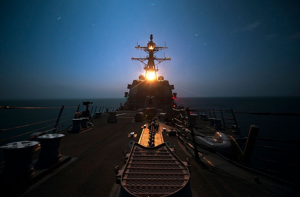 The guided missile destroyer USS Bulkeley (DDG 84) patrols Feb. 6, 2014, in the Gulf of Oman. The Bulkeley was deployed as…