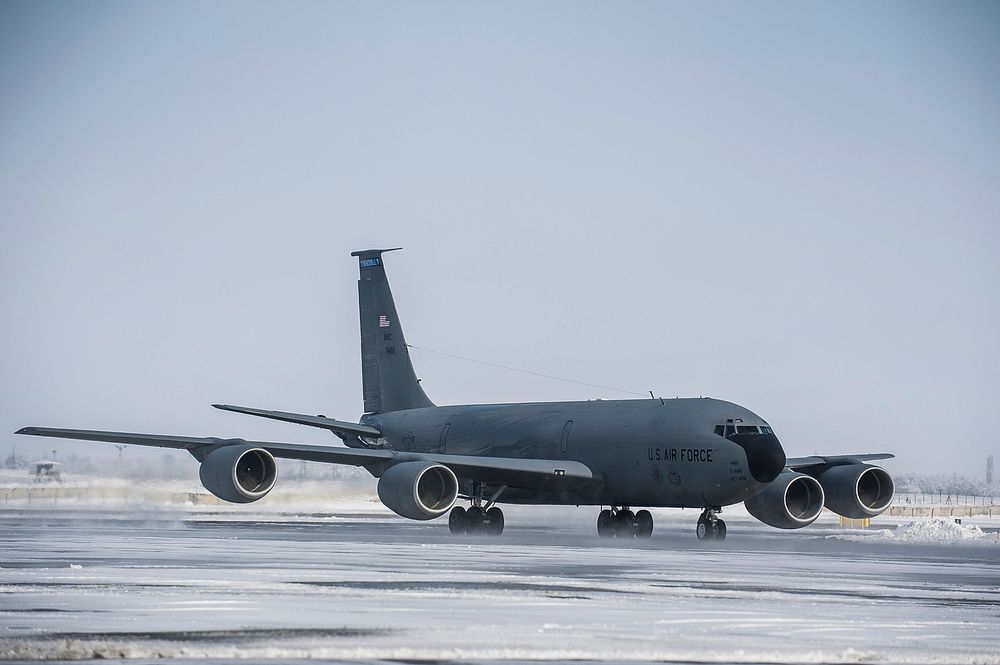 A U.S. Air Force KC-135 Stratotanker aircraft returns from the final refueling mission over Afghanistan at the Transit…