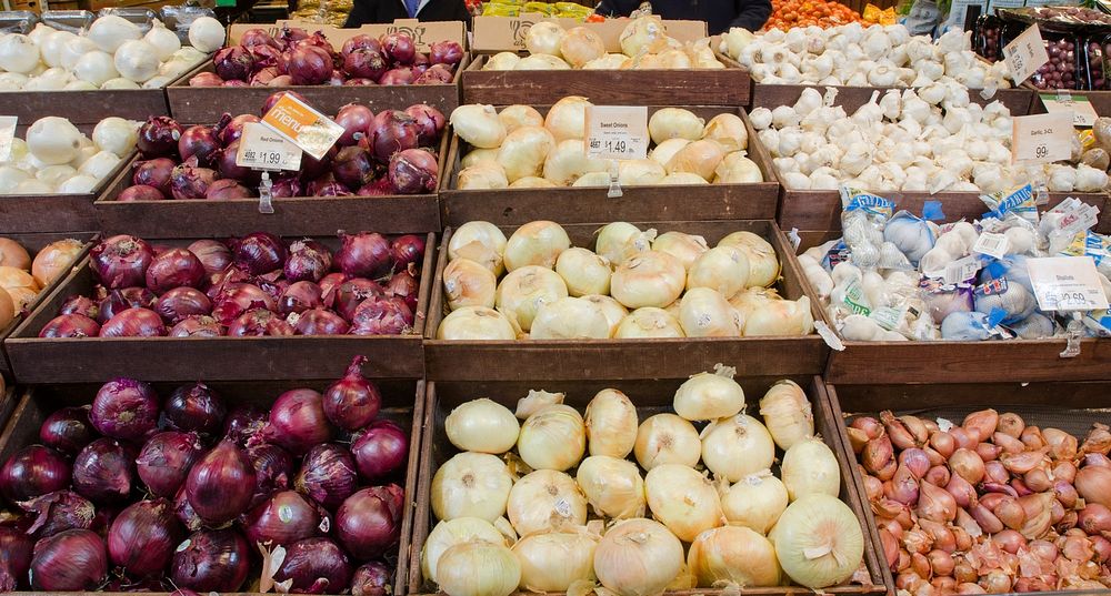 Onion and garlic produce at a grocery store in Fairfax, Virginia, on March 3, 2011. USDA Photo by Lance Cheung. Original…