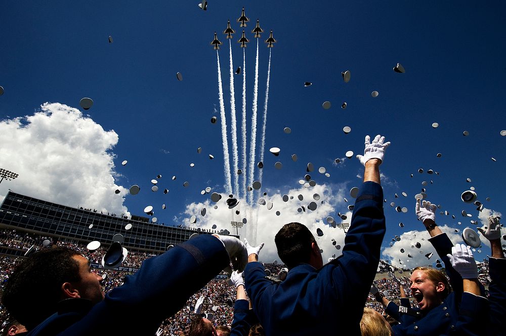 The U.S. Air Force Thunderbirds fly in a delta formation over Falcon Stadium during the U.S. Air Force Academy graduation…