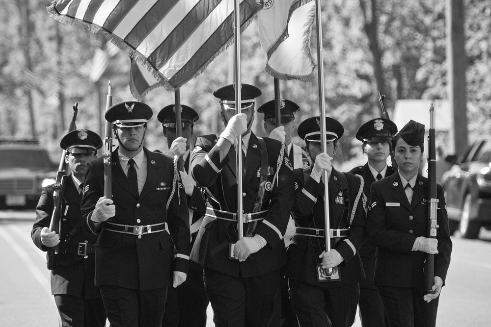 U.S. Air Force Airmen from the New Jersey Air National Guard's 177th Fighter Wing Honor Guard march in the Egg Harbor…