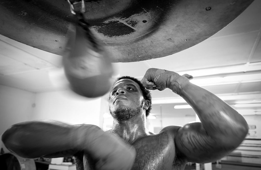 Stephon “The Surgeon” Morris punishes the speed bag at UMAR Boxing Gym in Baltimore, Md., June 18, 2014.