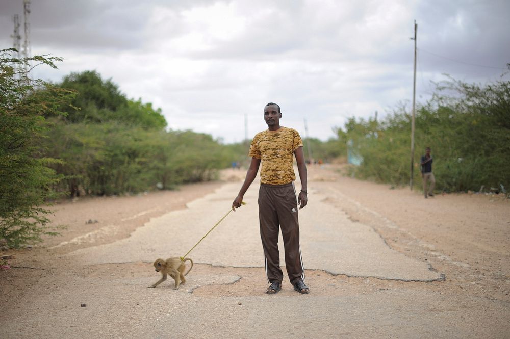 A member of the Somali National Army and his pet monkey stand in the middle of Bulo Burte's main road in Somalia on August…