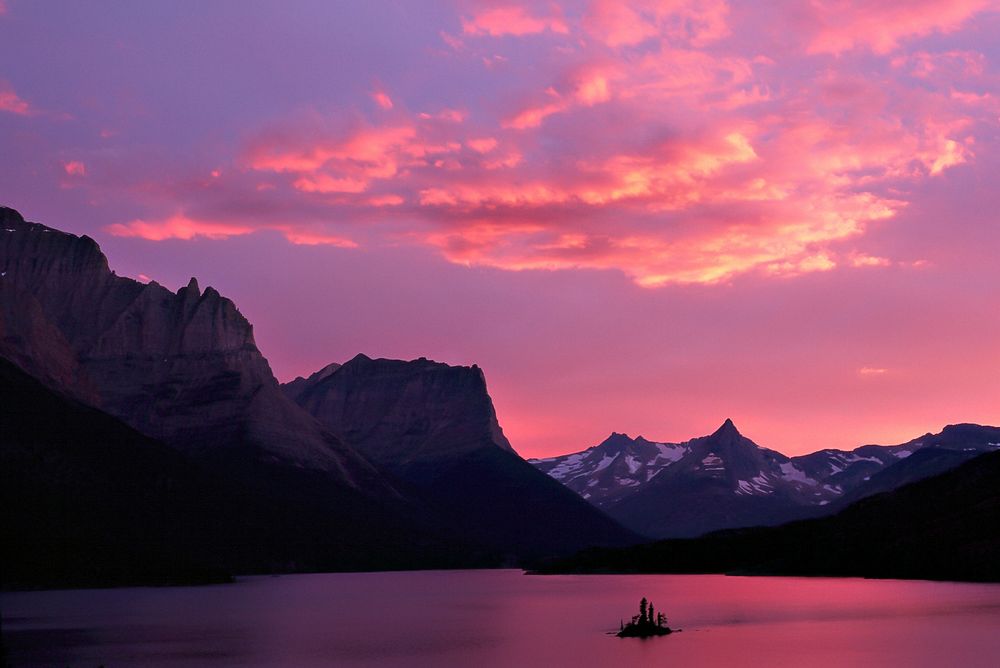Glacier sunset under pink purple sky, St.mary lake. Original public domain image from Flickr