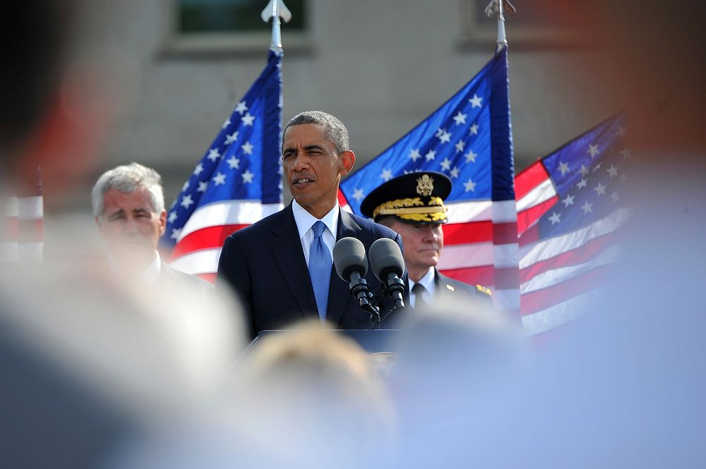 President Barack Obama speaks during the 9/11 memorial ceremony at the National 9/11 Pentagon Memorial at the Pentagon in…