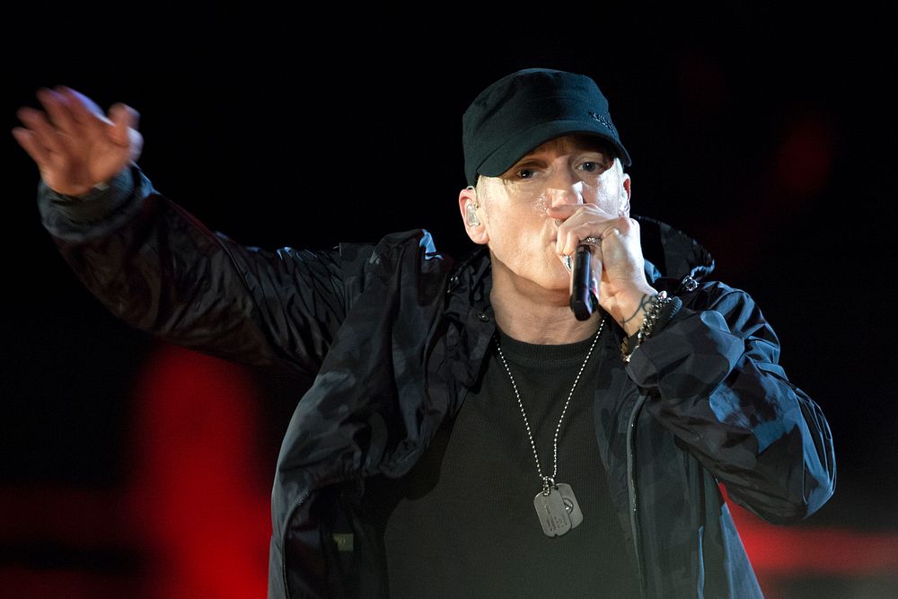 Eminem performs during The Concert for Valor in Washington, D.C. Nov. 11, 2014. Original public domain image from Flickr