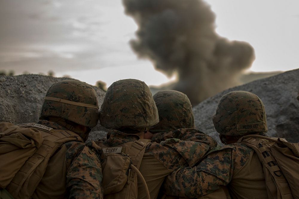 U.S. Marines with Battalion Landing Team, 3rd Battalion, 5th Marine Regiment, 31st Marine Expeditionary Unit observe…