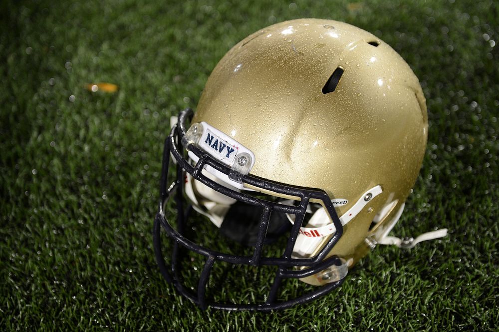 Close-up shot of football helmet belonging to United States Naval Academy midshipman on the practice field during…
