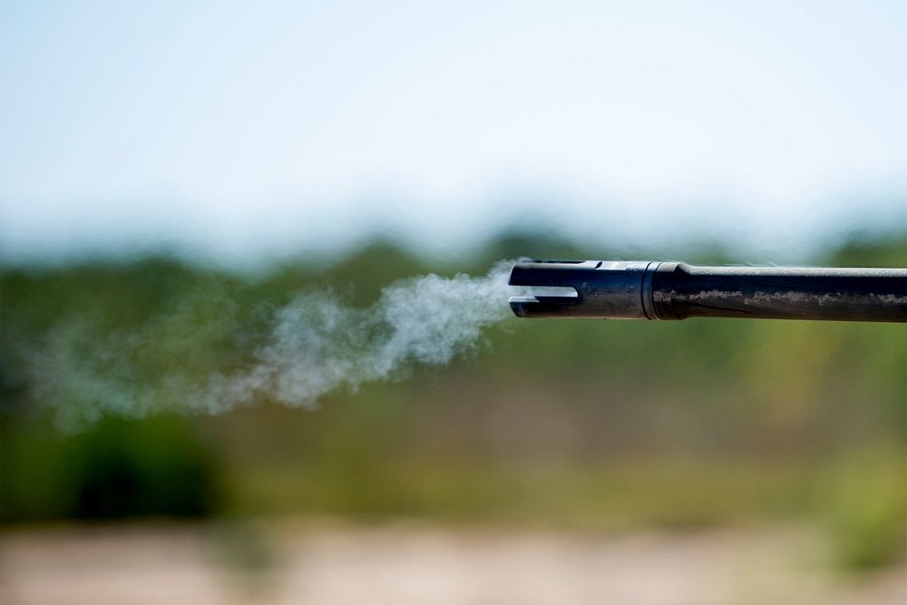 A M2 .50-caliber machine gun barrel smokes after being fired during heavy weapons training at Fort Jackson, S.C., Oct. 5…