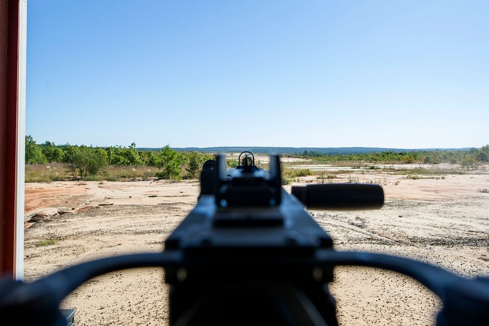 The iron sights of a M2 .50 caliber machine gun as seen from behind the gun during heavy weapons training at Fort Jackson…